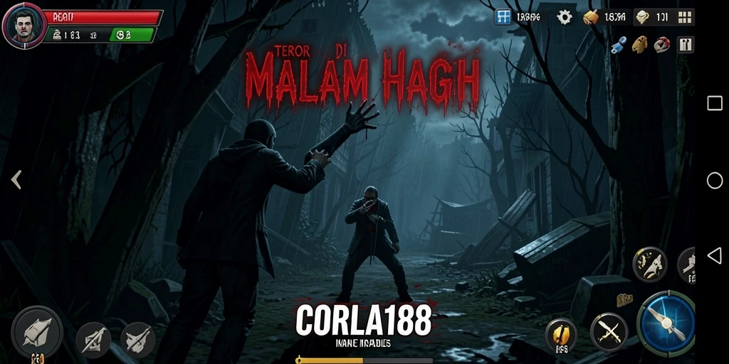Screenshot gameplay CORLA188 menampilkan kegelapan dan teror yang mendebarkan.