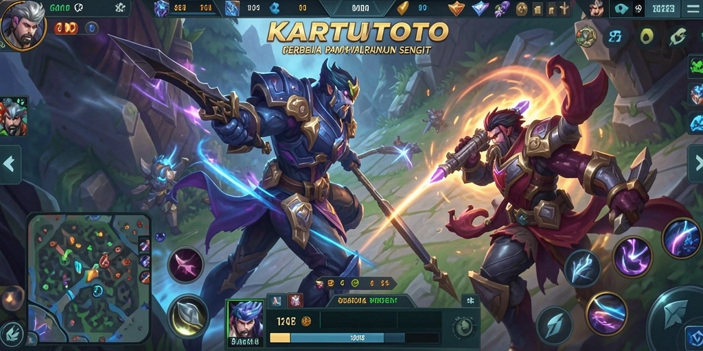 Screenshot gameplay KARTUTOTO menampilkan aksi pertempuran seru dalam arena.