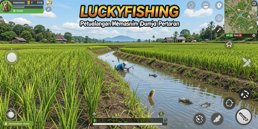 Gameplay menarik LUCKYFISHING dengan kolam dan kebun yang indah.